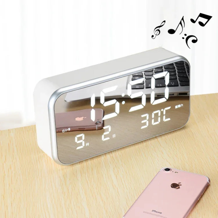 Multifunktionaler großer LED Digital Musikwecker mit Uhrzeit- / Wochen- / Temperatur- / Kalenderanzeige und Fernbedienung, DC 5V, Musikwecker