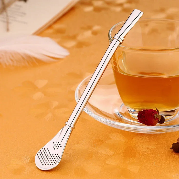 Edelstahl-Trinkhalm mit Teefilter, Kräuterteefilter, Teesieb, Saft, Café, Kaffee, Rührlöffel