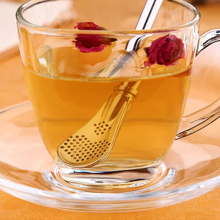 Edelstahl-Trinkhalm mit Teefilter, Kräuterteefilter, Teesieb, Saft, Café, Kaffee, Rührlöffel