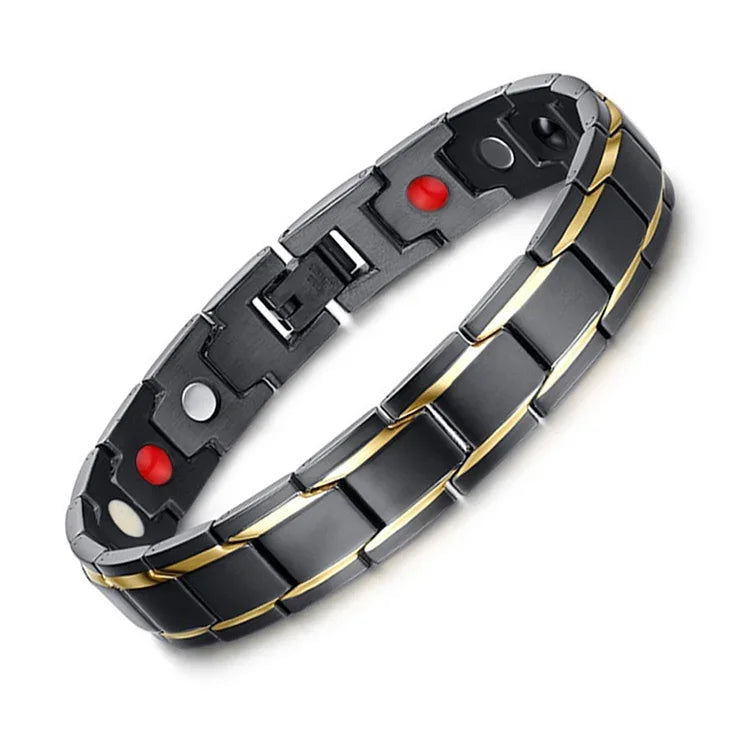Modisches Herrenarmband im europäischen und amerikanischen Stil, Edelstahl mit Goldauflage, magnetisches Design, Größe: 12 mm x 22 cm (Schwarz + Gold)