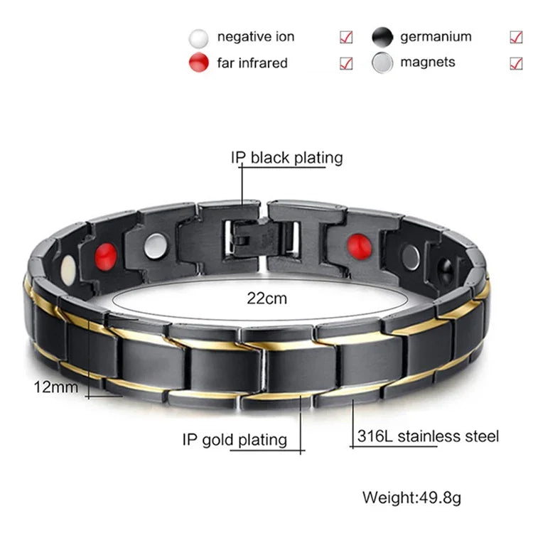 Modisches Herrenarmband im europäischen und amerikanischen Stil, Edelstahl mit Goldauflage, magnetisches Design, Größe: 12 mm x 22 cm (Schwarz + Gold)
