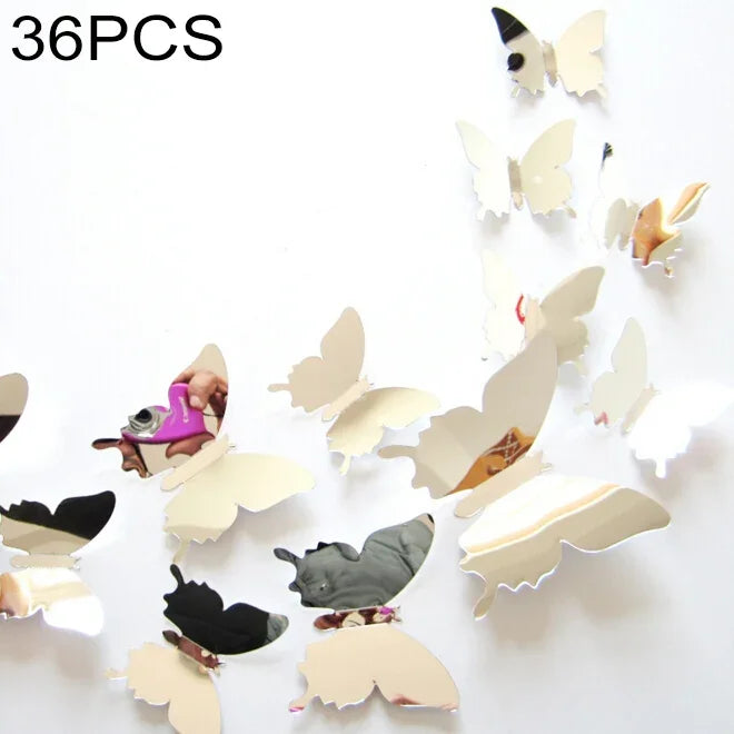 36-teiliges Set origineller Wanddekorationen aus PC mit 3D-Spiegeloberfläche und Schmetterlingsmotiven, 2 Stück Schmetterlings-Wandaufkleber