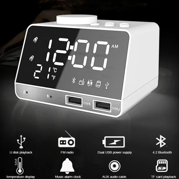 K11 Bluetooth Alarm Clock Speaker Creative Digital Music Clock Display Radio with Dual USB Interface, Support U Disk / TF Card / FM / AUX, UK Plug, UK Plug(Black), UK Plug(White)