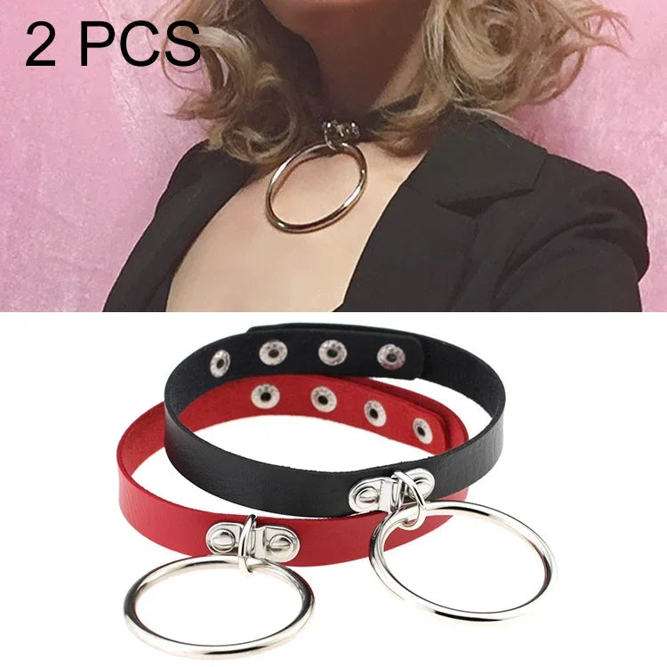 2 Stück Halsketten und Halsbänder im europäischen und amerikanischen Punk-Stil mit O-förmigem Ring aus Leder, Farbe zufällig, DHXQ03