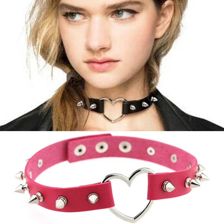 Punk-Style-Halskette mit herzförmigen Ledernieten, zufällige Farbauswahl, TXXQ04