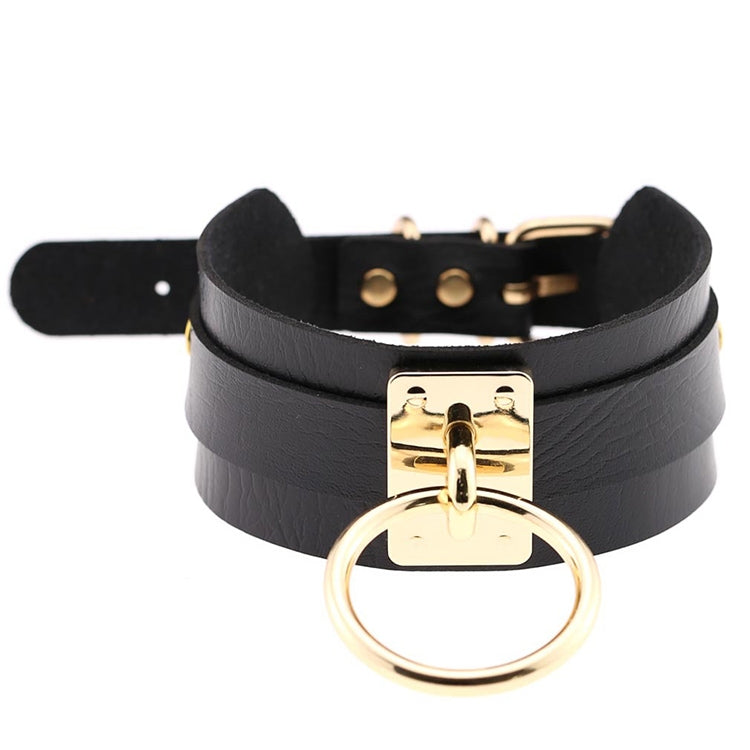 Europäische und amerikanische Harajuku-Halskette aus PU-Leder mit Goldring, breites, knöpfbares Halsband in O-Form mit Goldring, Goldring