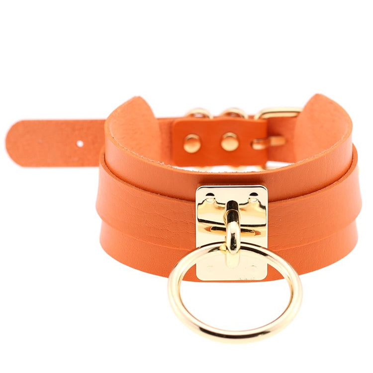 Europäische und amerikanische Harajuku-Halskette aus PU-Leder mit Goldring, breites, knöpfbares Halsband in O-Form mit Goldring, Goldring
