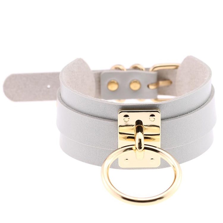 Europäische und amerikanische Harajuku-Halskette aus PU-Leder mit Goldring, breites, knöpfbares Halsband in O-Form mit Goldring, Goldring