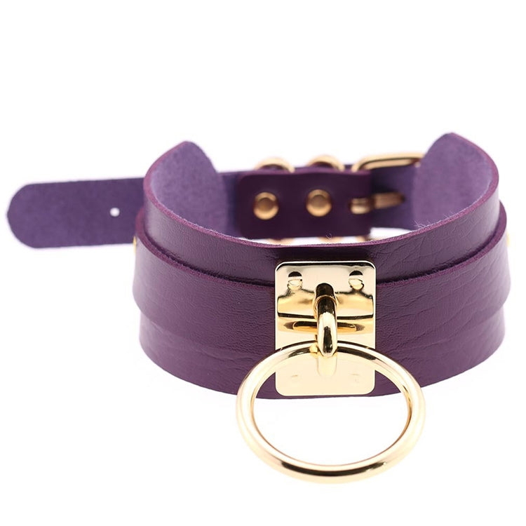 Europäische und amerikanische Harajuku-Halskette aus PU-Leder mit Goldring, breites, knöpfbares Halsband in O-Form mit Goldring, Goldring