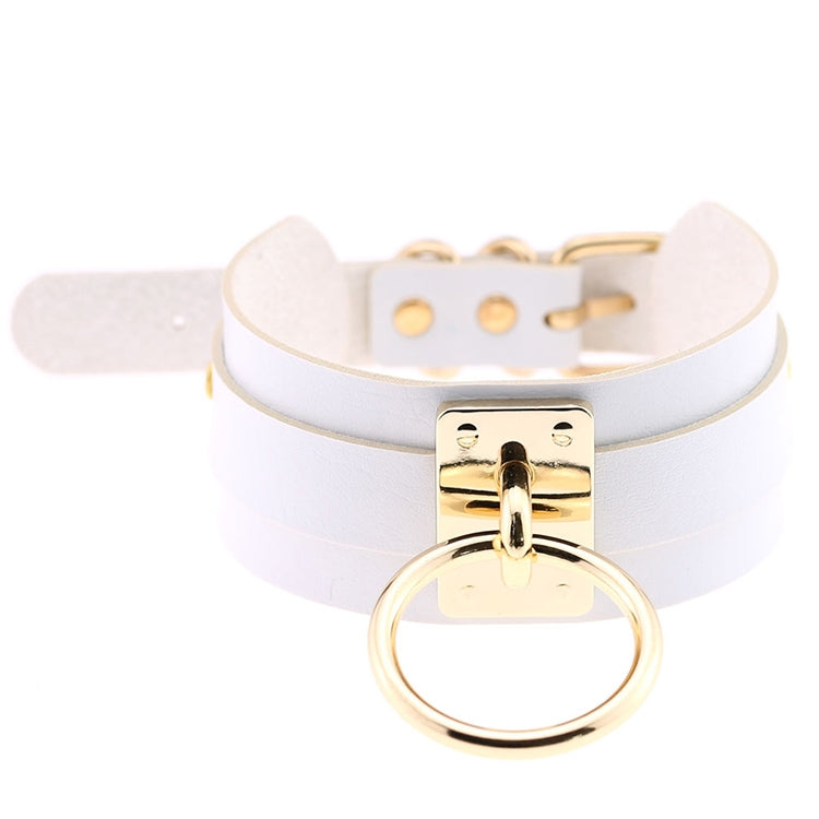 Europäische und amerikanische Harajuku-Halskette aus PU-Leder mit Goldring, breites, knöpfbares Halsband in O-Form mit Goldring, Goldring