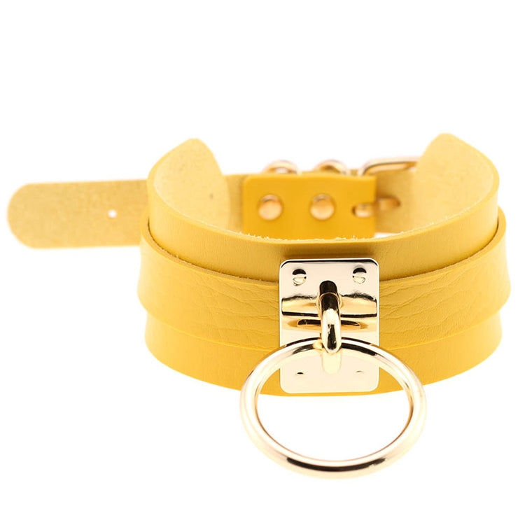 Europäische und amerikanische Harajuku-Halskette aus PU-Leder mit Goldring, breites, knöpfbares Halsband in O-Form mit Goldring, Goldring
