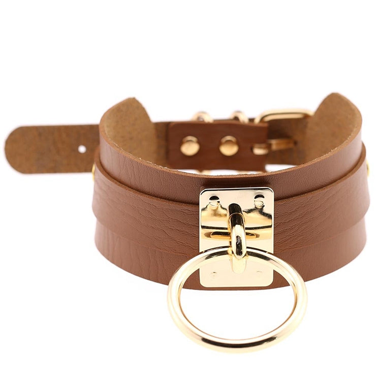 Europäische und amerikanische Harajuku-Halskette aus PU-Leder mit Goldring, breites, knöpfbares Halsband in O-Form mit Goldring, Goldring