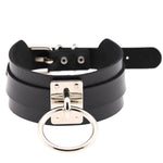 Europäische und amerikanische Harajuku-Halskette aus PU-Leder mit silbernem Einzelring, breites, knöpfbares Halsband in O-Form für den Nachtclub, silberner Ring