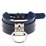 Europäische und amerikanische Harajuku-Halskette aus PU-Leder mit silbernem Einzelring, breites, knöpfbares Halsband in O-Form für den Nachtclub, silberner Ring