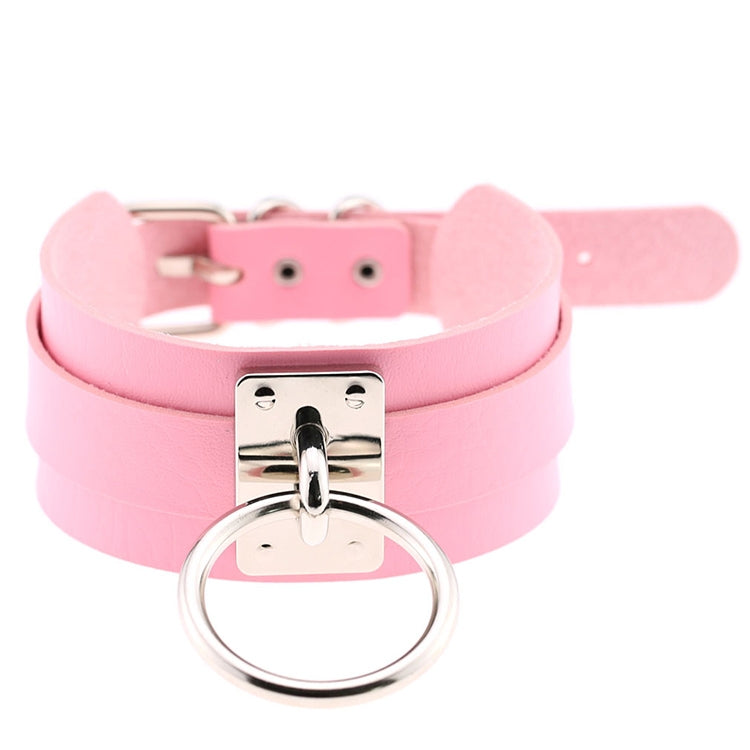 Europäische und amerikanische Harajuku-Halskette aus PU-Leder mit silbernem Einzelring, breites, knöpfbares Halsband in O-Form für den Nachtclub, silberner Ring
