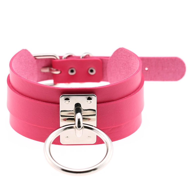 Europäische und amerikanische Harajuku-Halskette aus PU-Leder mit silbernem Einzelring, breites, knöpfbares Halsband in O-Form für den Nachtclub, silberner Ring