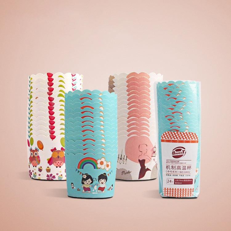 24 Stück/Packung runde laminierte Kuchenbecher-Muffin-Förmchen Schokoladen-Cupcake-Liner Backbecher, Größe: 7 x 6 x 5,5 cm, zufällige Farblieferung, 6,8 x 5 x 3,9 cm