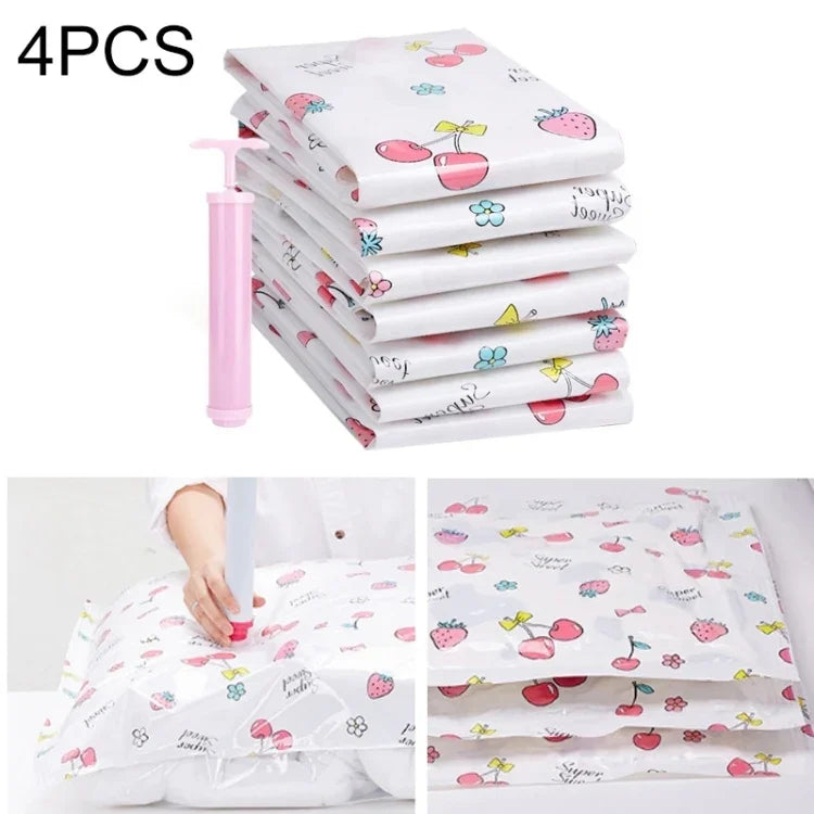 4er-Pack platzsparende Vakuumbeutel mit Bonbonfarben-Muster, explosionsgeschützt, für Quilts, Kleidung und mehr, inklusive Handpumpe, Größe: 50 x 70 cm
