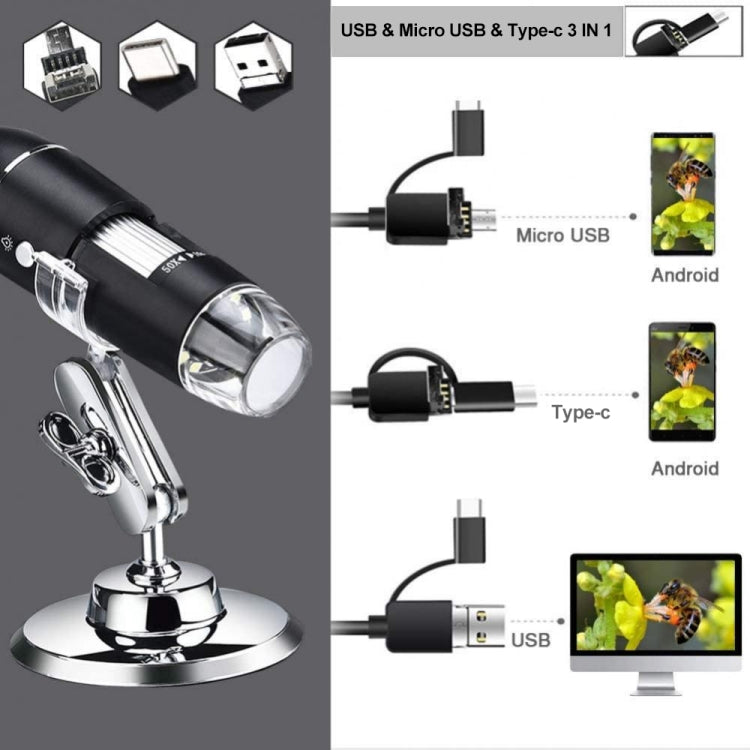 1600X Vergrößerung HD Bildsensor 3 in 1 USB Digitalmikroskop mit 8 LED & professionellem Ständer