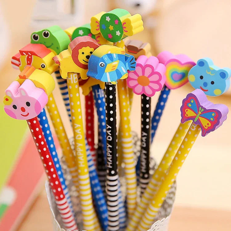 10 Stück Kreative Schreibwaren Cartoon-Tierserie Holz HB Bleistift mit Radiergummi Kinderbleistifte für Kinder Schul- und Bürobedarf, Zufällige Farblieferung, HB Bleistift mit Radiergummi
