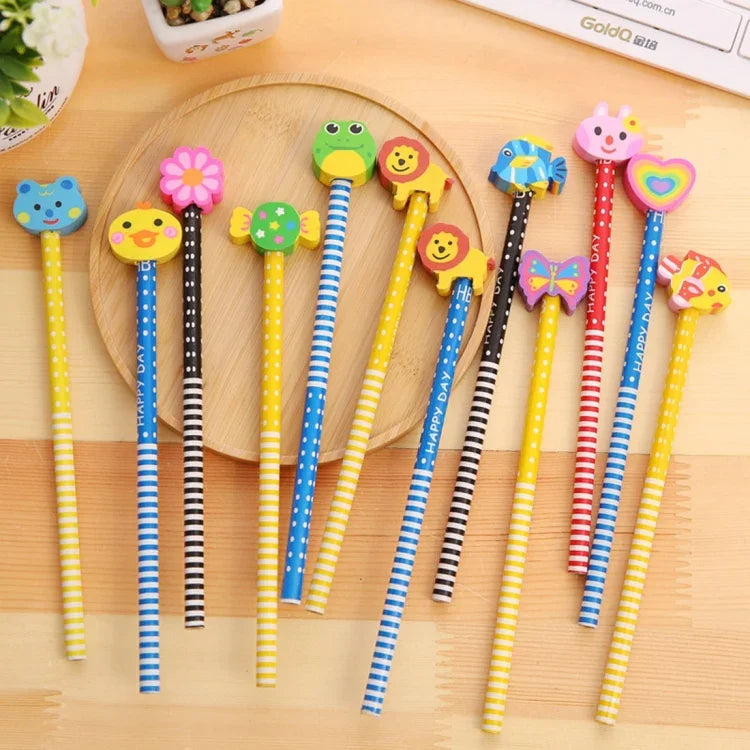 10 Stück Kreative Schreibwaren Cartoon-Tierserie Holz HB Bleistift mit Radiergummi Kinderbleistifte für Kinder Schul- und Bürobedarf, Zufällige Farblieferung, HB Bleistift mit Radiergummi