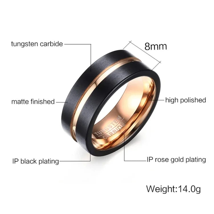 Klassischer Herrenring im europäischen und amerikanischen Stil aus reinem Wolframcarbid, handgebürstet und roségoldplattiert, Größe: 7, Durchmesser: 17,4 mm, Umfang: 55 mm