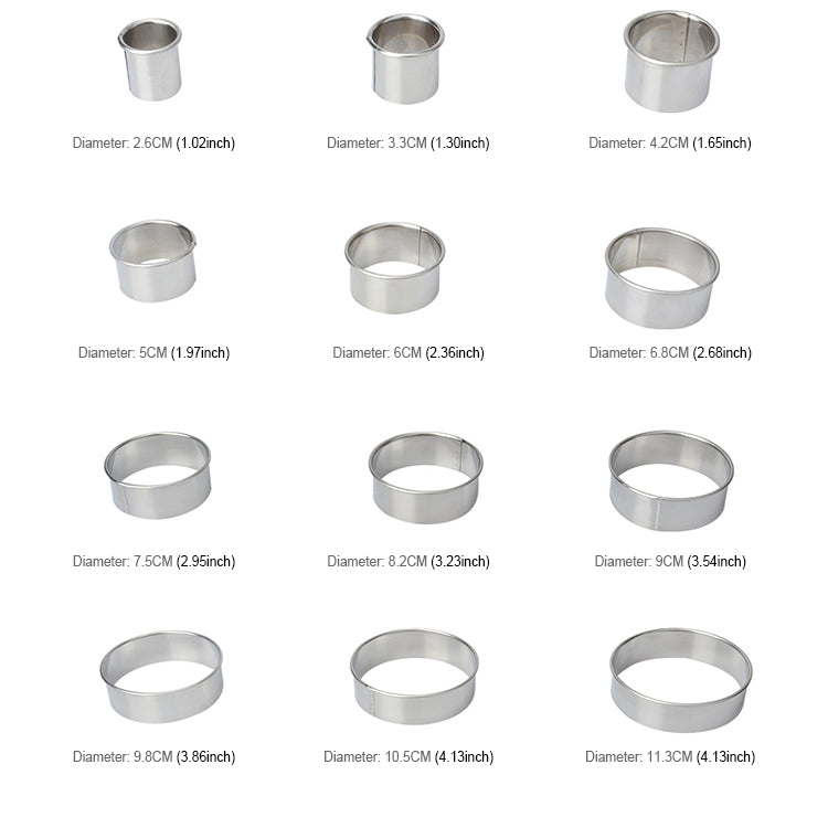 12-teiliges Set runder Ausstechformen aus Edelstahl für Mousse, Kuchen, Donuts, Backwerkzeuge, runde Form (12-teiliges Set)