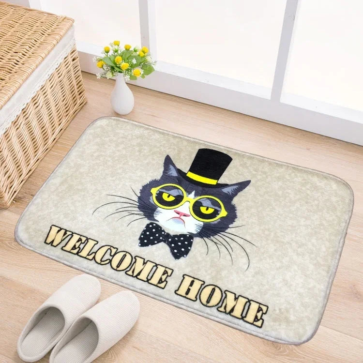 Fußmatte Katze und Hund Muster Flanell Rechteckiger Badezimmerteppich Wohnzimmer Schlafzimmer Anti-Rutsch Haushaltsfußmatte, Größe: 50*80cm, Muster: Katze Größe: 50*80cm