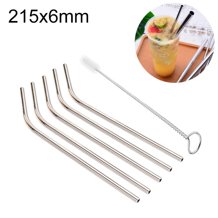 5 wiederverwendbare Trinkhalme aus Edelstahl (gebogen) + Reinigungsbürsten-Set, 215 x 6 mm, 215 x 6 mm (gebogen)