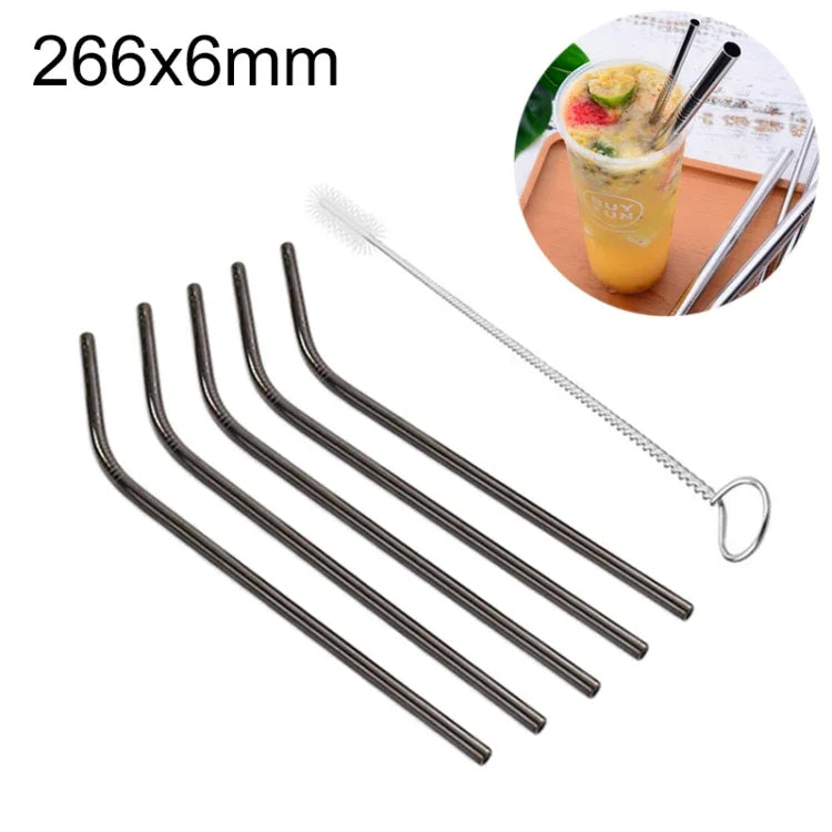 5er-Set wiederverwendbare gebogene Trinkhalme aus Edelstahl + Reinigungsbürste, 266*6mm, 266*6mm (gebogen)
