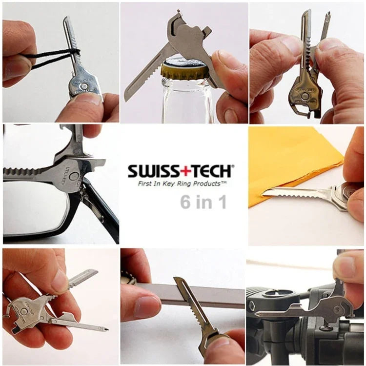 SWISS+TECH Edelstahl 6-in-1 Multifunktions-Outdoor-Schlüsselanhänger, faltbares Mini-Werkzeug Schlüsselring