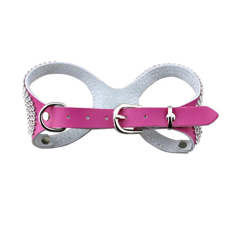 Strassbesetzter, atmungsaktiver Hunde-Brustgurt aus Leder im Brillen-Design, Größe: S