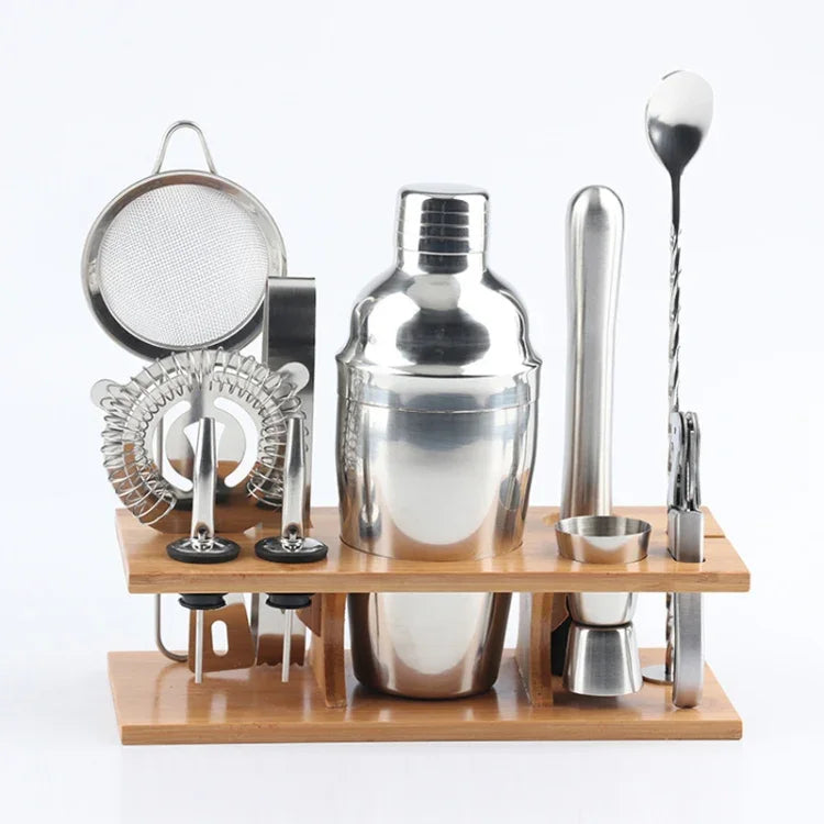 11-teiliges Cocktail-Shaker-Set aus Edelstahl mit Holzständer, Fassungsvermögen: 350ml, 350ml