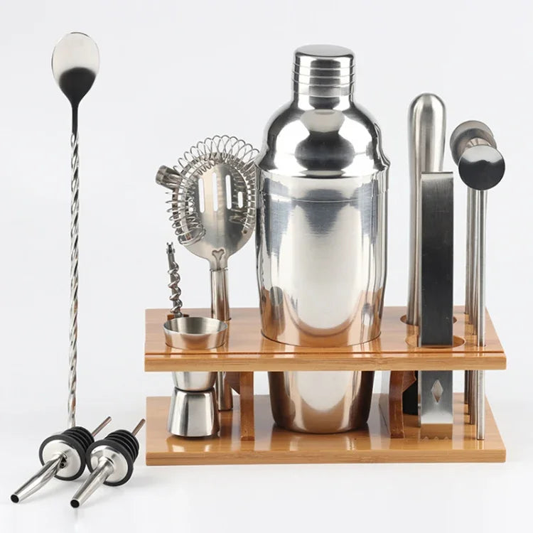 14-teiliges Cocktail-Shaker-Set aus Edelstahl mit Bambusständer, Fassungsvermögen: 750 ml, 750 ml, Bambus
