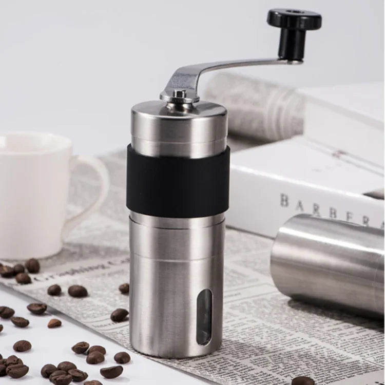 Tragbare, manuelle Kaffeebohnenmühle mit konischem Mahlwerk aus Edelstahl, mit Handkurbel und Silikonring, Fassungsvermögen: 40 g