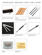 Skizzierwerkzeuge für Anfänger (18 Skizzierstifte + Zeichenkohle + Radiergummis + Stiftevorhang + Kunstmesser) Skizzier-Set, Skizzier-Set