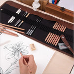 Skizzierwerkzeuge für Anfänger (18 Skizzierstifte + Zeichenkohle + Radiergummis + Stiftevorhang + Kunstmesser) Skizzier-Set, Skizzier-Set
