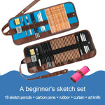 Skizzierwerkzeuge für Anfänger (18 Skizzierstifte + Zeichenkohle + Radiergummis + Stiftevorhang + Kunstmesser) Skizzier-Set, Skizzier-Set