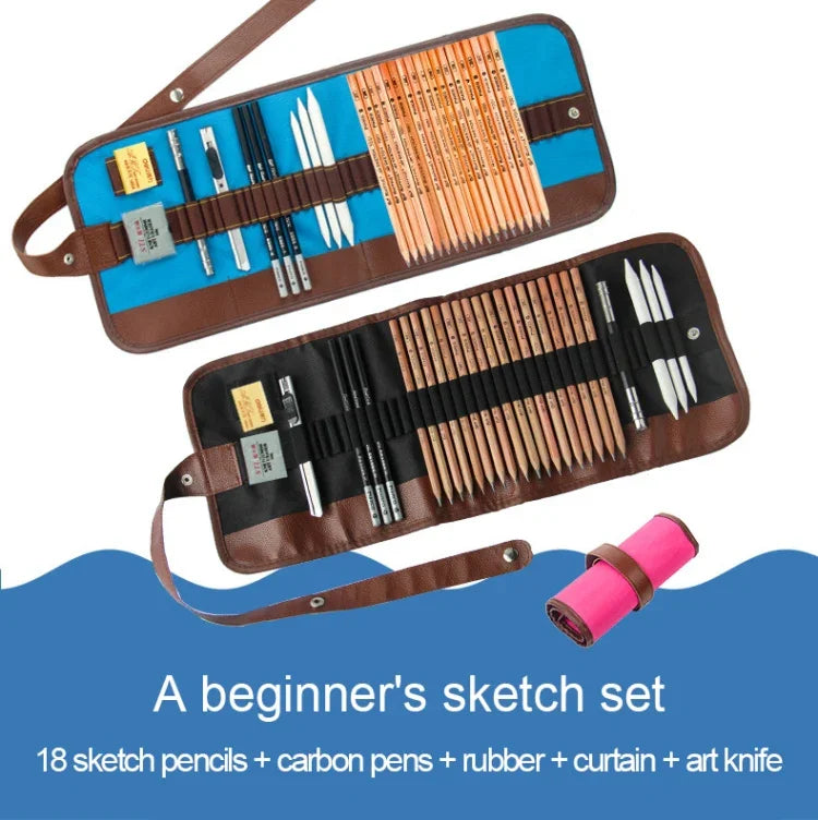 Skizzierwerkzeuge für Anfänger (18 Skizzierstifte + Zeichenkohle + Radiergummis + Stiftevorhang + Kunstmesser) Skizzier-Set, Skizzier-Set