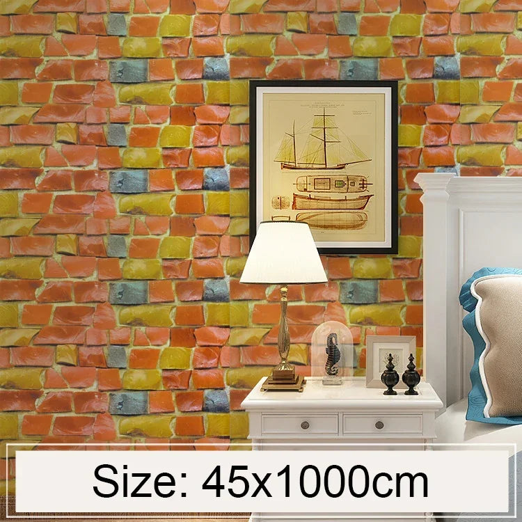 Bunte Stein-Kreativ-3D-Steinziegel-Dekoration Tapetenaufkleber Schlafzimmer Wohnzimmer Wand Wasserdichte Tapetenrolle, Größe: 45 x 1000 cm, Bunter Stein