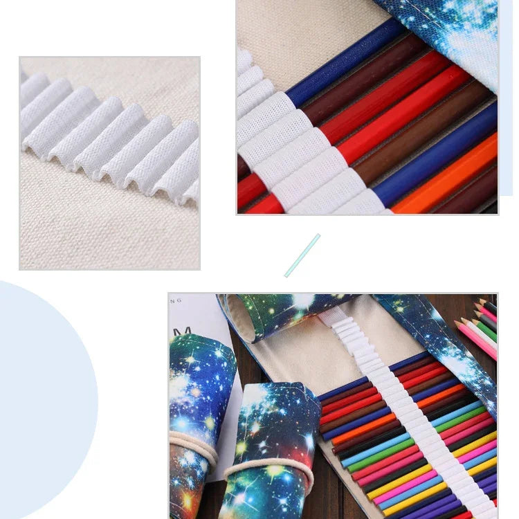 36 Slots Cosmic Galaxy Print Pen Bag Canvas Pencil Wrap Curtain Roll Up Pencil Case Stationery Pouch, 36 Slots