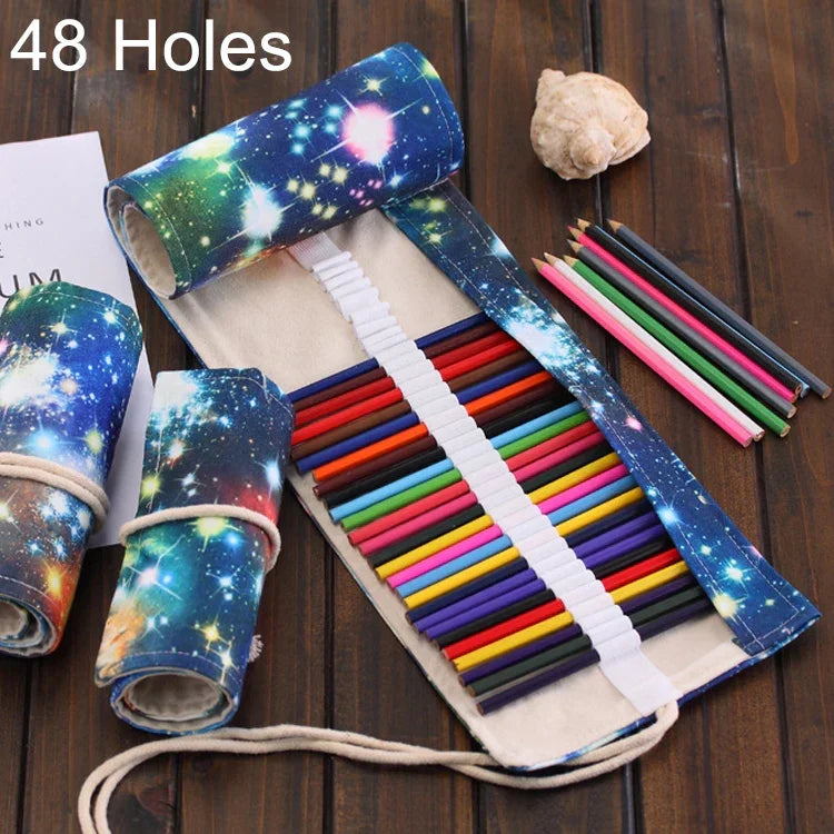 48 Fächer Kosmische Galaxie Druck Stiftetasche Leinwand Bleistiftwickelvorhang Rolletui Stiftetasche Schreibwarenbeutel, 48 Fächer