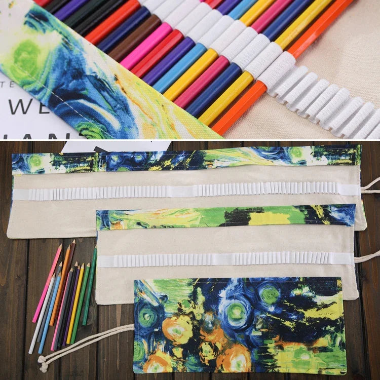 48 Steckplätze Van Gogh Ölgemälde-Druck Stiftetui Leinwand Stifterolle Federmäppchen Schreibwarenetui, 48 Steckplätze