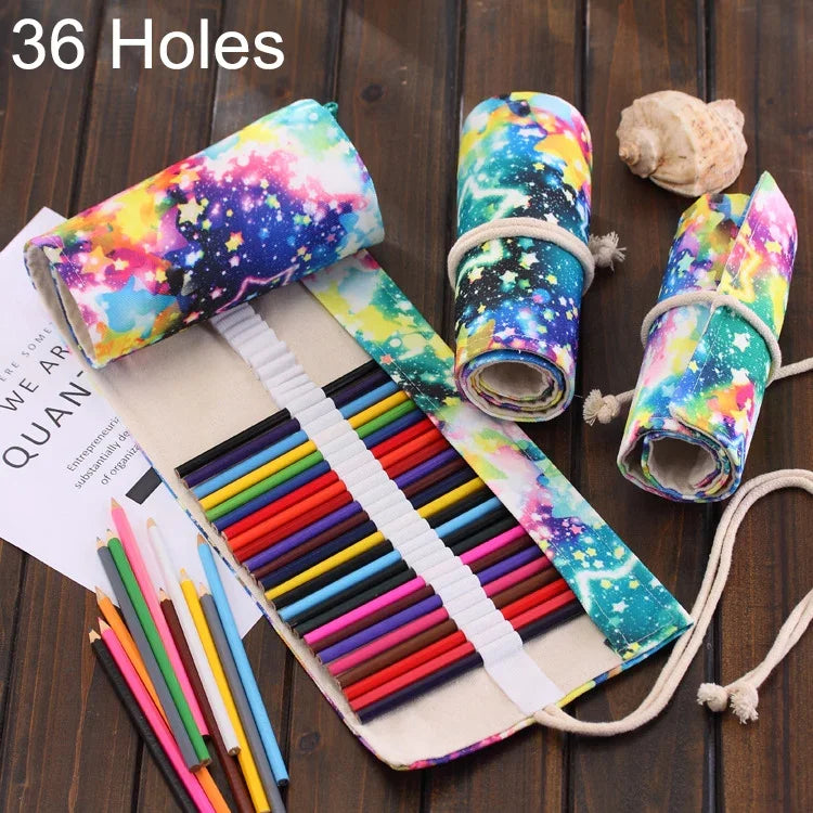 36-Fächer-Stifteetui „Sternenhimmel“-Muster, Federmäppchen aus Canvas, aufrollbar, Etui für Schreibwaren, 36 Fächer