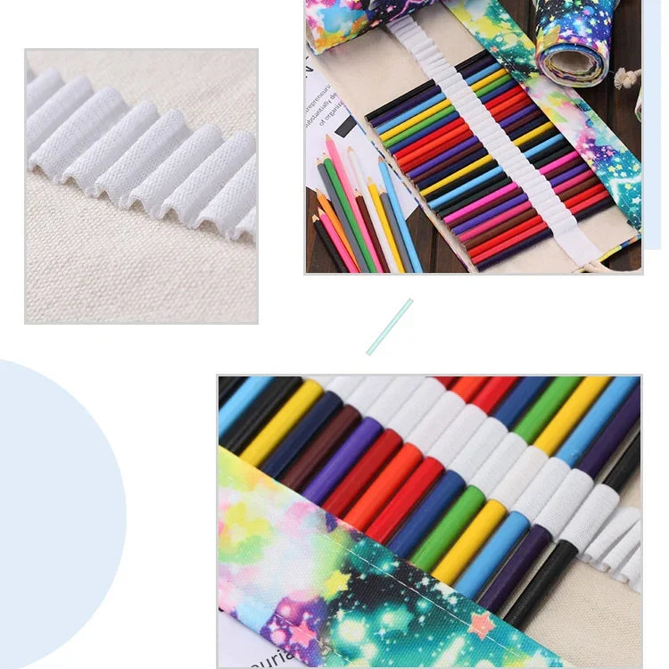 Stifteetui aus Canvas mit 48 Steckplätzen und Sternenhimmel-Druck, Stifterolle, Federmäppchen, Schreibwarenbeutel, 48 Steckplätze