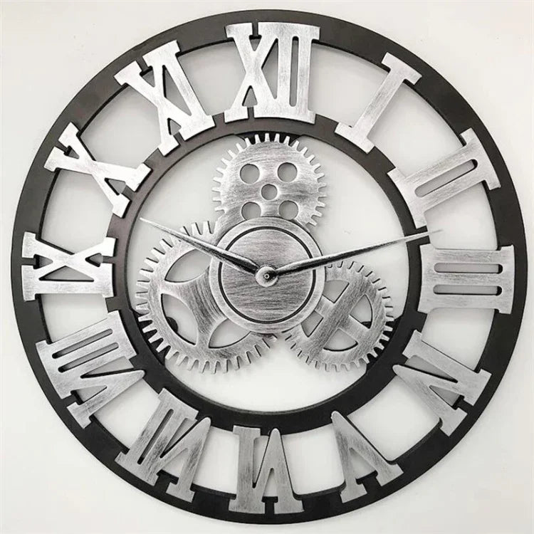 Retro Wooden Round Single-sided Gear Clock Rome Number Wall Clock, Diameter: 35cm, Rome Number 35cm, Rome Number  35cm