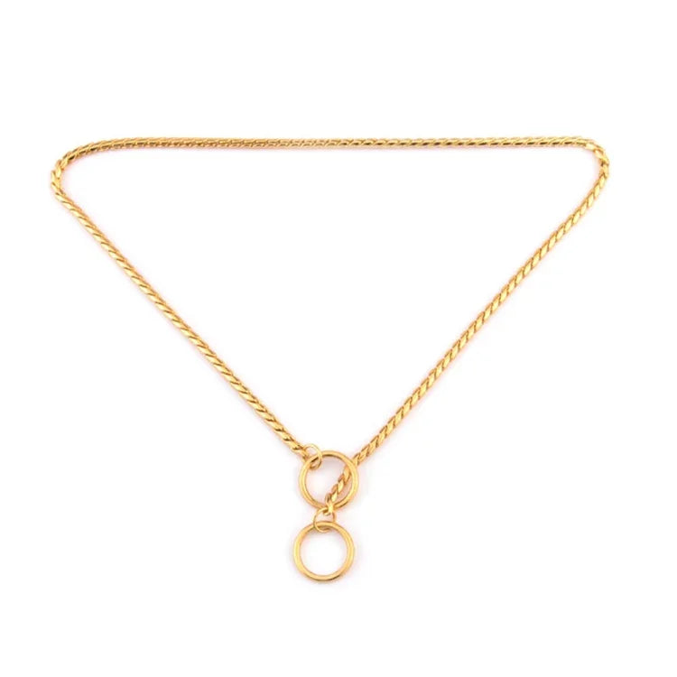 metal dog collar in gold color with a twist design, featuring two connected rings for added style.