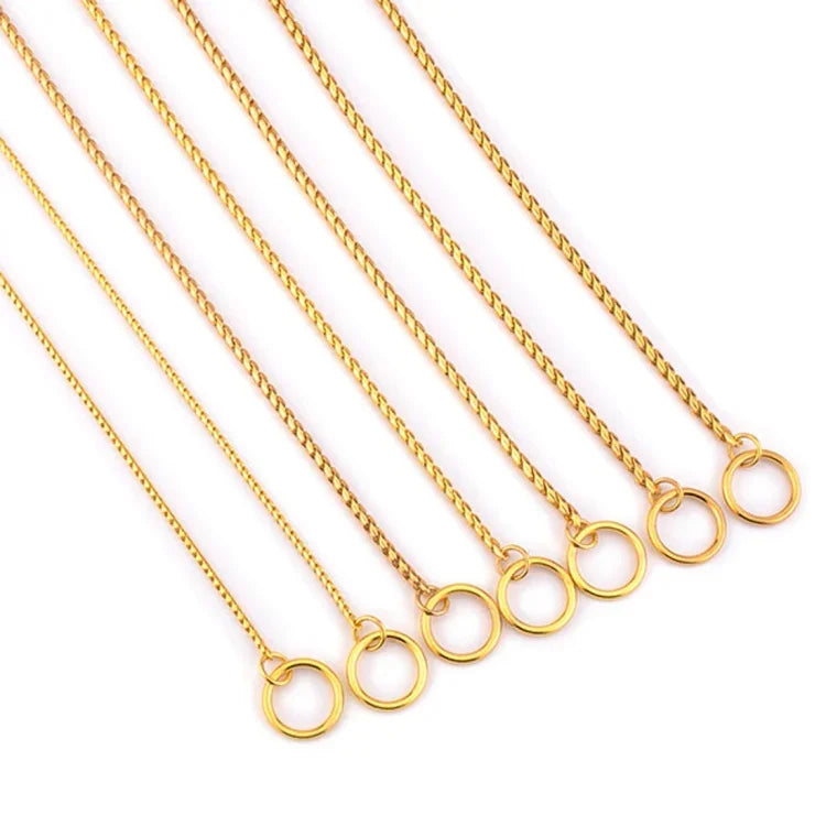 Gold metal dog collars in various lengths with smooth finishes and secure loops for pet safety.