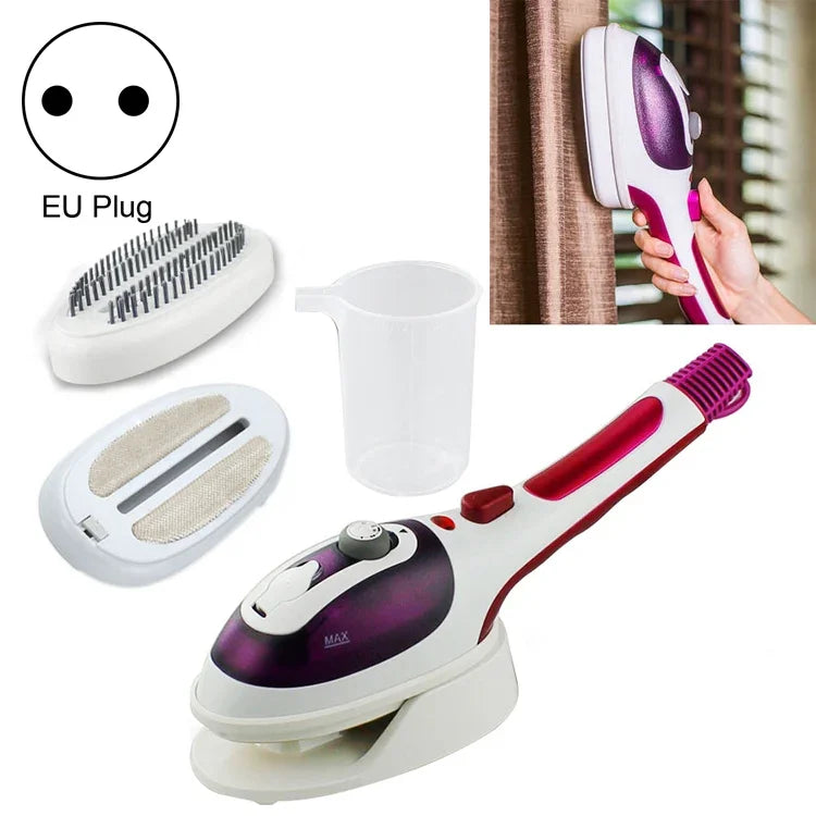 Multifunktionaler Handdampfreiniger für Haushalt und Reise – tragbar, zum Aufhängen, mit Keramikboden, inklusive Flanellbürste, Haarbürste, Messbecher, EU-Stecker (lila und blau).