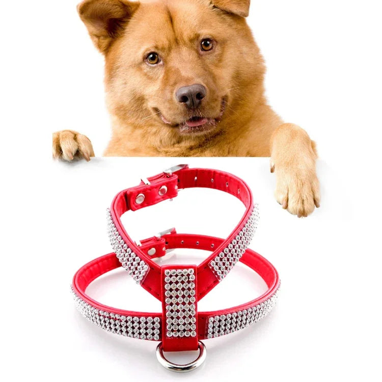Hundegeschirr mit Strasssteinen, weichem und atmungsaktivem PU-Leder, Brustgurt und Halsband, Größe: M